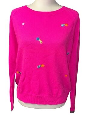 Brodie Cashmere Neon Pink Shooting Star Embroidered Crewneck Sweater Medium